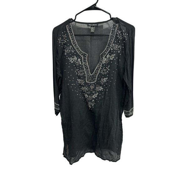 Club Z Collection Beaded V-Neck Tunic Top Black Sz Large 3/4 Sleeve Embellished - Picture 1 of 9